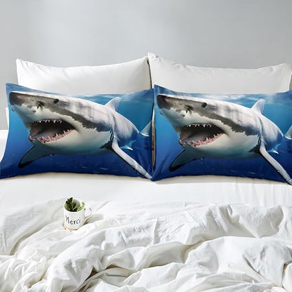 Kids Comforter Set for Boys Girls,3D Shark Fish Down Comforter 3 Piece Hawaiian Beach Theme Bedding Quilted Duvet Set Ocean Sea Animal Pattern Blue Duvet Insert for Toddler Teen Bedroom Decor,King