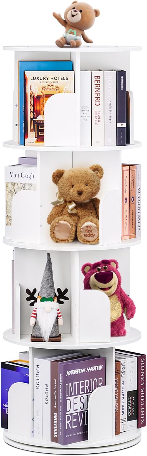 2024 New 4 Tier Rotating Bookshelf kids, Small Corner Bookshelf for Small Space, 360 Display Floor Standing Bookcase Storage Rack, Wood Narrow Book Shelf Organizer for Home Office,Bedroom, Living Room