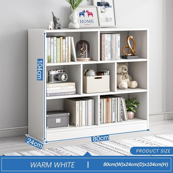 IOTXY Open Shelf Low Bookcase - Wooden 3-Tier Floor Standing Display Cabinet Organizer with Base, 7 Cubes Short Horizontal Bookshelf in Warm White