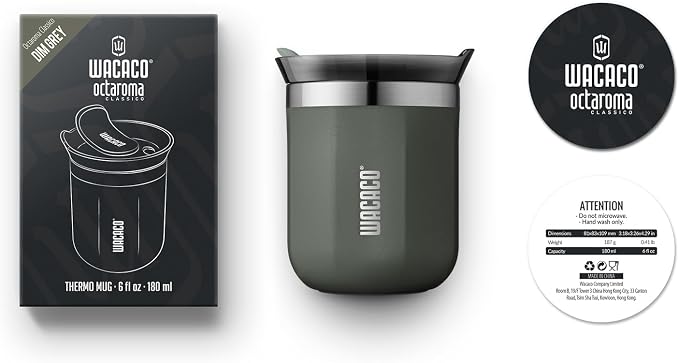 WACACO Octaroma Classico Vacuum Insulated Coffee Mug, Double-wall Stainless Steel Travel Tumbler With Drinking Lid, 6 fl oz (180ml), Dim Grey