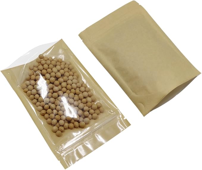 PABCK Clear Front Stand Up Kraft Paper Bags Resealable 3.9x5.9inch 200 Pcs | Stand Up Brown Paper Window Bag Zipper Lock Food Storage Bag for Coffee Snack Nuts Spice Seeds Crafts Packaging Heat Sealable