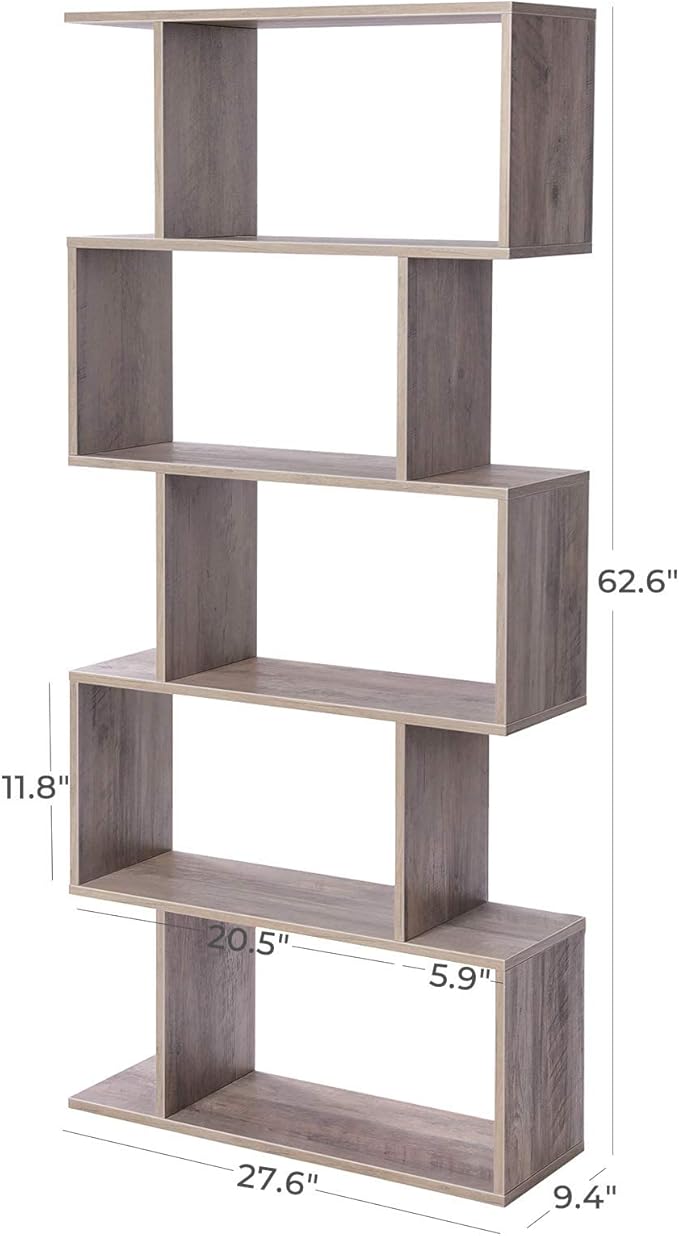 VASAGLE Wooden Bookcase, Display Shelf and Room Divider, Freestanding Decorative Storage Shelving, 5-Tier Bookshelf, Greige ULBC062M01 9.4D x 27.6W x 62.6H in