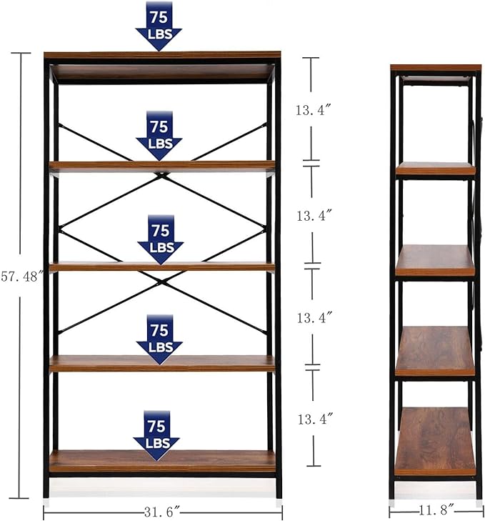 Himimi Industrial Bookshelf 5-Tier, Bookcase 58" H Ladder Shelf, Storage Shelves Rack Shelf Unit, Accent Furniture Metal Frame, Home Office Furniture for Bathroom, Living Room, Vintage Brown