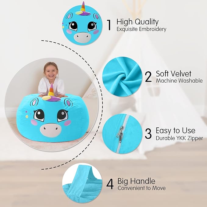 Aubliss Stuffed Animal Storage, Velvet Bean Bag Chairs Cover, Large 32" Ultra Soft Kids Toy Storage Organizer for Blankets Towels Clothes, Blue Big Eyes