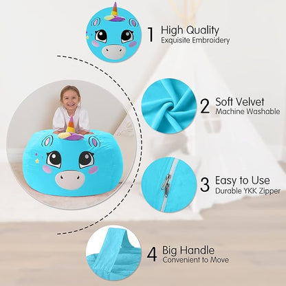Aubliss Stuffed Animal Storage, Velvet Bean Bag Chairs Cover, Large 32" Ultra Soft Kids Toy Storage Organizer for Blankets Towels Clothes, Blue Big Eyes
