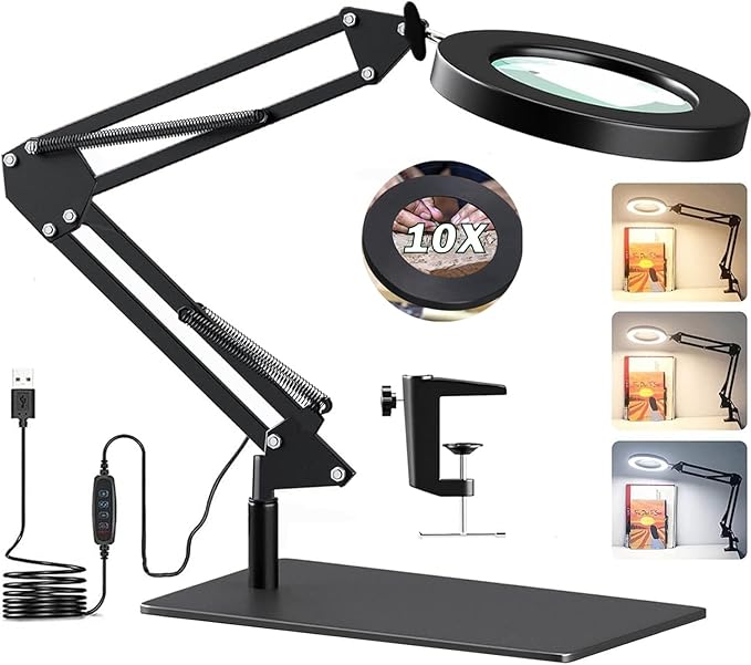 Magnifying Glass with Light and Stand,10X Magnifying LED Desk Lamp with Base & Clamp,3 Color Modes,10 Adjustable Brightness 2-in-1 Adjustable Swivel Arm Lamp Craft Light for Hobby Reading