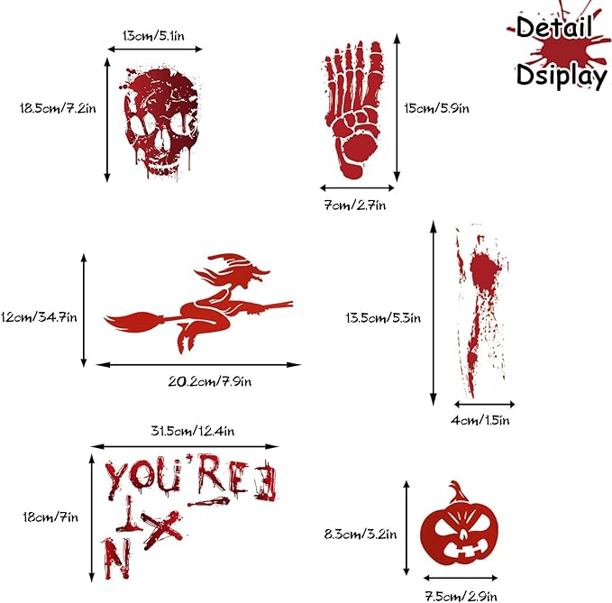 8 Sheets Halloween Window Clings, Bloody Handprint Footprint Window Stickers Scary Halloween Decorations Self Adhesive Wall Decal for Party Bathroom Car Door Zombi Restroom Sign Decals-85 Pcs
