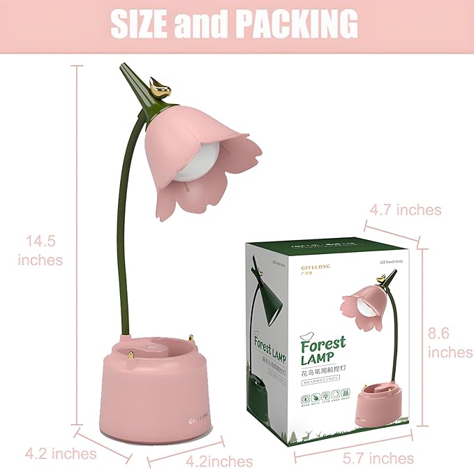 Cute LED Desk Lamp Kawaii Desk Accessories, Flower Bird Table lamp USB Rechargeable, 3 Color Modes, Stepless Dimming, Touch-Sensitive Switch Kawaii Room Decor Lamp, Eye Caring Reading Lamp (Pink)
