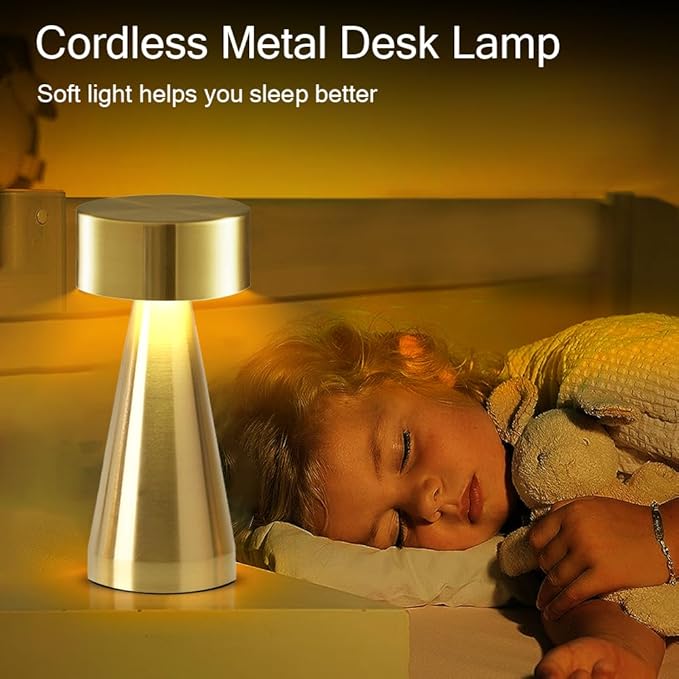 Portable Metal Desk Lamp, Cordless LED Table Lamp,3 Color Touch Control Rechargeable Lamp,3-Levels Brightness Room Decor Desk Lamp,Bedside Lamp,Night Light, Dining Room Lamp (Gold)