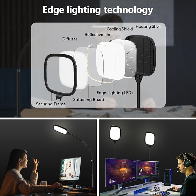 LED Desk Lamps for Home Office, Clamp Desk Light for Video Conference, Dimmable, Rotatable, Top Bright, Large Lighting Area, Remote & Touch, Clip Table Lamp for Computer Monitor, Study, Work