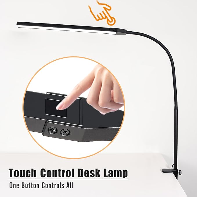 Clamp on Lamp, CeSunligt LED Desk Lamp, 12W, 800 LMS, 3 Color Modes, Multi Brightness Adjustable, Eye-Caring Touch Task Lamp for Reading, Home, Office (Adapter Included)