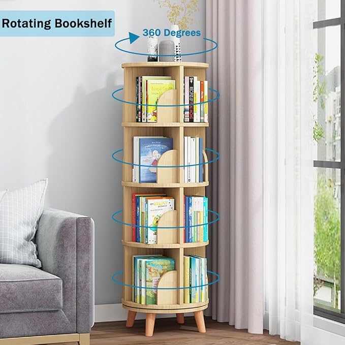 Gdrasuya10 4 Tier Rotating Bookshelf with Legs, Floor Standing Bookshelf Stackable Bookshelf Wood Bookcase Storage 360 Display Book Shelf for Living Room Bedroom
