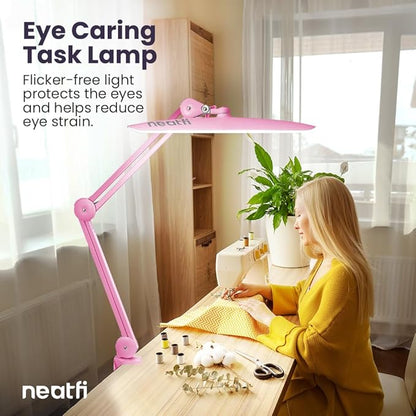 Neatfi XL 2,200 Lumens LED Task Lamp, 24W Super Bright Desk Lamp, 117 Pcs SMD LED, 4 Level Brightness, Dimmable, Task LED Light for Home, Office, Workbench (Non-CCT, Pink)