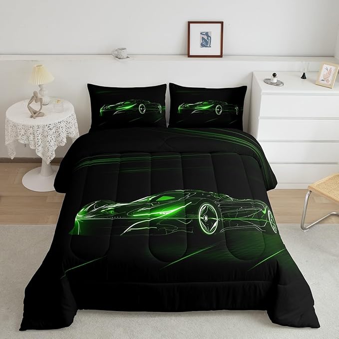 Feelyou Green Race Car Bedding Set King Size for Kids Boys Extreme Sport Games Comforter Set Teens Toddler Fast and Furious Duvet Set Cool Modern Quilt Set 3Pcs