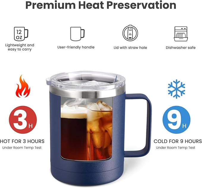 MEWAY 12oz Coffee Mug With Handle and Sliding Lid,Stainless Steel Travel Tumbler Cup with Handle,Double Wall Vacuum Insulated Camping Cup for Hot & Cold Drinks Tea (Navy,Set of 1