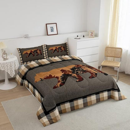 Cute Bear Comforter Set Wild Animal Pattern Bedding Set for Teens Nature Wildlife Bear Bedding Set Western Farmhouse Orange Grey Duvet Set Room Decor Full Size Duvet Set 3Pcs