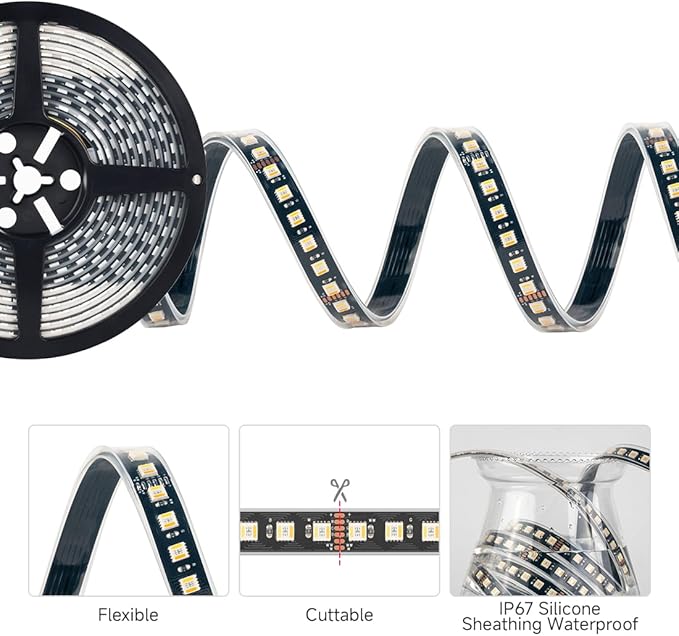 BTF-LIGHTING RGBCCT 5 Colors in 1 LED Tape Lights 5050SMD RGBWW RGB+Dimmable Color Temperature 2700K-6500K 16.4ft 96LED/m 480LED IP67 DC24V Black PCB for Home Decoration(No Adapter or Controller)