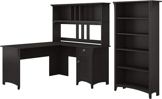 Bush Furniture Salinas 60W L Shaped Desk with Hutch and 5 Shelf Bookcase in Vintage Black