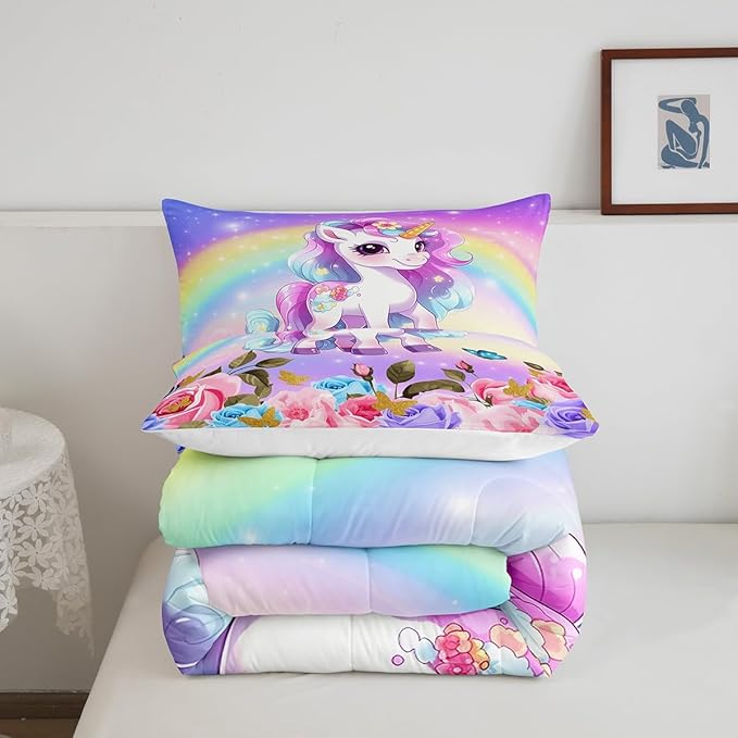 Manfei Cute Unicorn Kids Comforter Set Twin Size,Rainbow Starry Sky Roses Dreamy Bedding Set,Girls Women Room Decor,Cartoon Animals Flowers Down Comforter,Pink Purple Unique Duvet Insert,1 Pillowcase