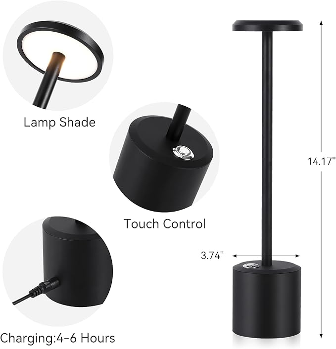 Rechargeable LED Wireless Touch Desk Lamps Set of 2, 5000mAh Battery Operated Lamp, 3 Color Modes with Memory Function and Stepless Dimming Desk Lamp for Restaurant/Bedroom/Terrace (Black)