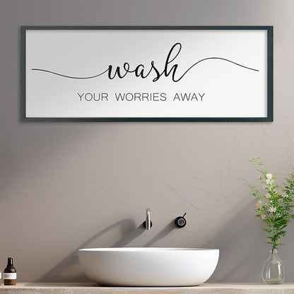 LuZhiQiang Wash Your Worries Away Sign Bathroom Wall Art Decor 40"×15" Large Wood Framed Laundry Room Funny And Artwork Wall Hanging (Black)