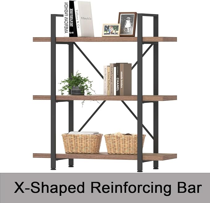 HSH Industrial 3 Tier Book Shelf, Modern Small Wood and Metal 3 Shelf Bookcase Etagere, Farmhouse Open Low 3 Tier Bookshelf and Display Storage Shelves for Bedroom Living Room Office, Rustic Oak