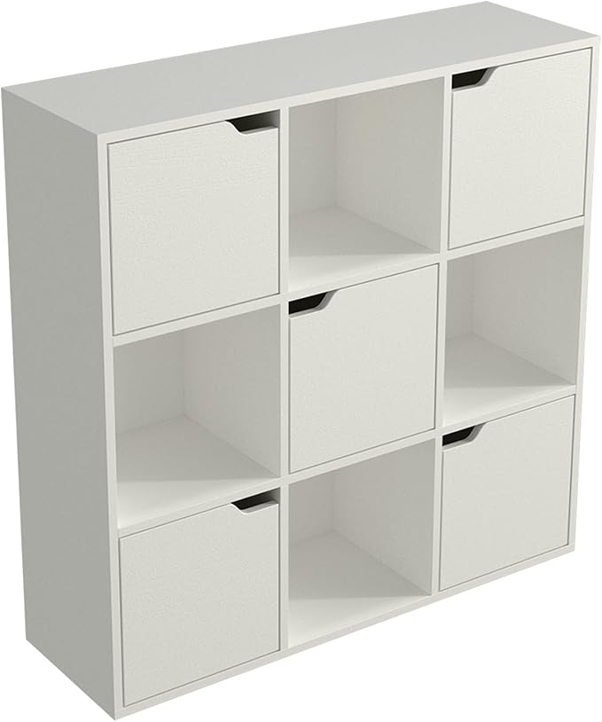 9-Cube Storage Shelf Bookcase - Wooden 3-Tier Floor Standing Open Bookshelf with Doors for Home and Office, Display Cabinet, Warm White
