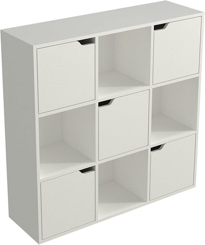 9-Cube Storage Shelf Bookcase - Wooden 3-Tier Floor Standing Open Bookshelf with Doors for Home and Office, Display Cabinet, Warm White