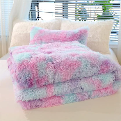 Faux Fur Kids Girls Purple Rainbow Comforter Sets King - 3PC Bed Set Warm Comfortable Soft Plush Flannel Velvet Fluffy Fuzzy Bedding（Comforter x 1 Pillowcases x 2）