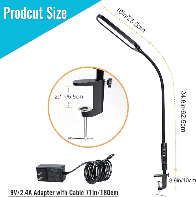 Clamp on Lamp, LED Desk Lamp, 18W, 3000 LMS, 3 Color Modes, 16 Brightness Levels, CRI>95, 0.5H/1H Timer, Eye-Caring Task Lamp with Remote for Reading, Home, Office (Adapter Included)