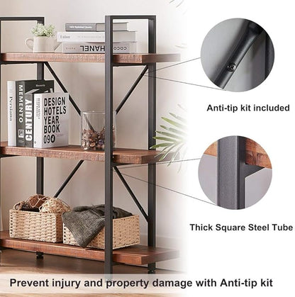 HSH Natural Real Wood Bookshelf, 3 Tier Rustic Vintage Industrial Etagere Bookcase, Open Metal Farmhouse Solid Wooden Book Shelf, Distressed Brown
