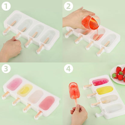 3 Set Popsicles Molds with Lids and 100 Pcs Wooden Popsicles Sticks, Standard Size 4 Cavities Silicone Ice Pop Molds for Making Cakesicles, Cake Pops, Ice Cream - BPA Free