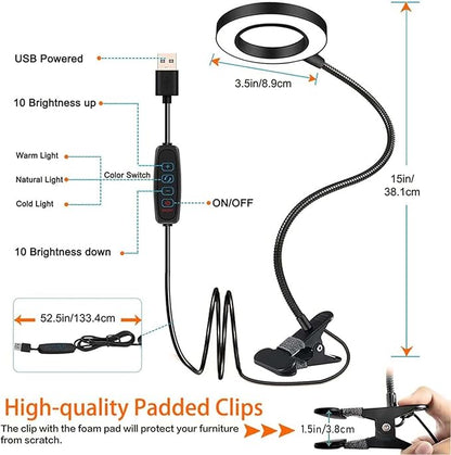 Clip on Light LED Reading Book Study Lamp 3 Color Modes 10 Brightness Eye Protection 360° Flexible Gooseneck Student Dormitory Office Desk Lamp at Night in Bed