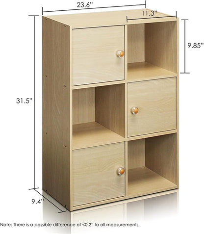 Furinno Pasir 3 Tier Shelf with 3 Door/Round Handle, Steam Beech