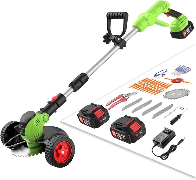 Cordless Electric Weed Wacker Battery Powered, 21v Lightweight Weed Trimmer Eater With 2 4.0Ah Battery Operated & Charger & Wheels & Shears, 3 In1 Grass Trimmer/Brush Cutter/Lawn Edger for Yard Garden