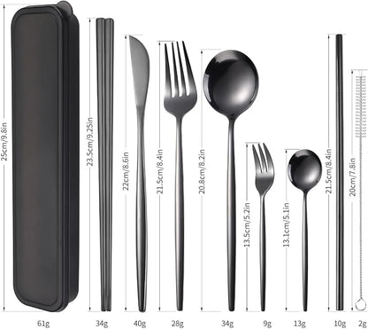 AARAINBOW 8 Pieces Stainless Steel Flatware Set Portable Reusable Cutlery Set Travel Utensils Set Including Chopsticks Knife Fork Spoon Straws Cleaning Brush Dishwasher Safe (Black)