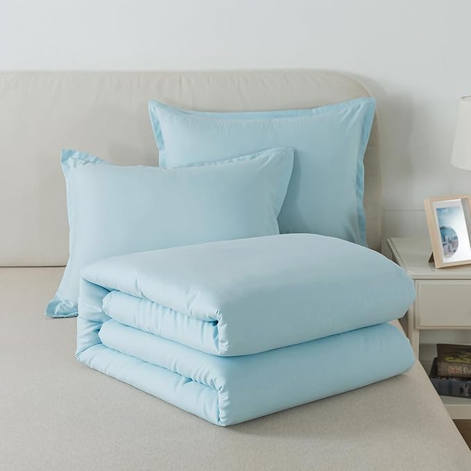 Baby Blue Comforter Set King Size,Lightweight Skin-friendly Boho Bedding Set & Collections, Breathable Fluffy Microfiber 3 PCS (104"x90") Comforter Set for All Seasons with Pillowcases