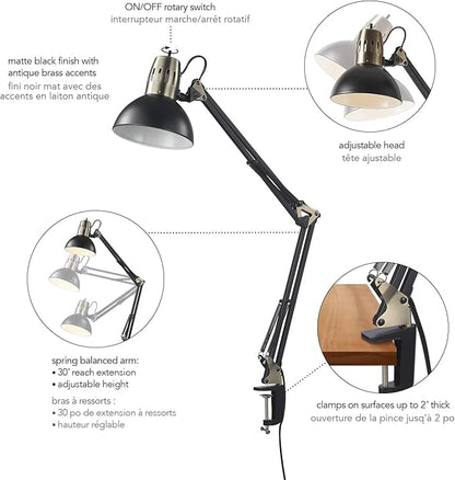 Globe Electric 62000009 32" Multi-Joint Desk Lamp with Metal Clamp, Matte Black, Antique Brass Accents, On/Off Rotary Switch on Shade, Partially Adjustable Swing Arm, Home Décor, Office Accessory