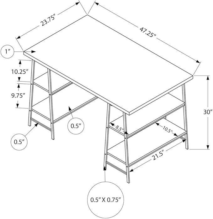 Monarch Specialties 7527 Computer Desk, Home Office, Laptop, Storage Shelves, 48" L, Work, Metal, Laminate, White Marble Look, Black, Contemporary, Modern Desk-48, 47.25" L x 23.75" W x 30" H