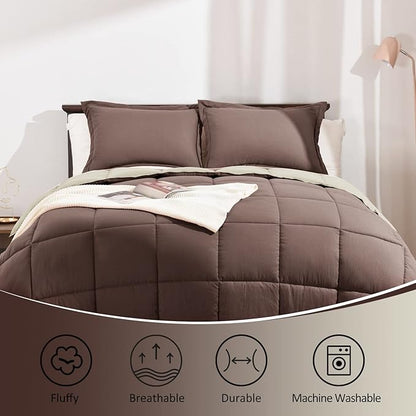 Basic Beyond Queen Comforter Set - Fluffy Comforter Queen Set for All Seasons - Reversible Comforter Set Queen Size for Mens - 3 Pieces (1 Comforter + 2 Pillow Shams) - Brown/Ivory