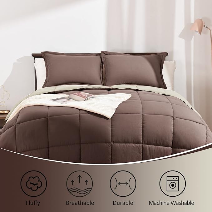 Basic Beyond King Size Comforter Set - Fluffy King Bed Comforter Set for All Seasons - Reversible Bedding King Size Comforter Set - 3 Pieces (1 Comforter + 2 Pillow Shams) - Brown/Ivory