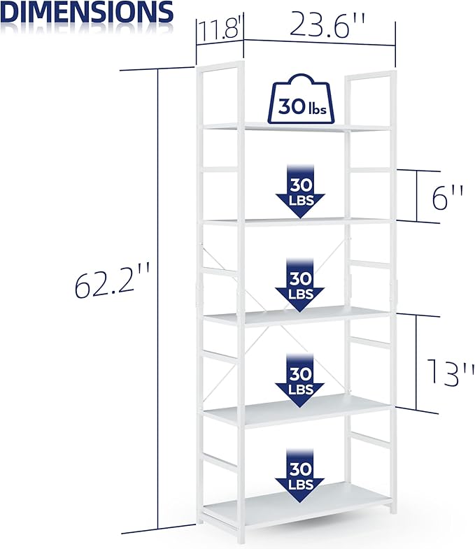 NUMENN 5 Tier Bookshelf, Tall Bookcase Shelf Storage Organizer, Modern Book Shelf for Bedroom, Living Room and Home Office, White