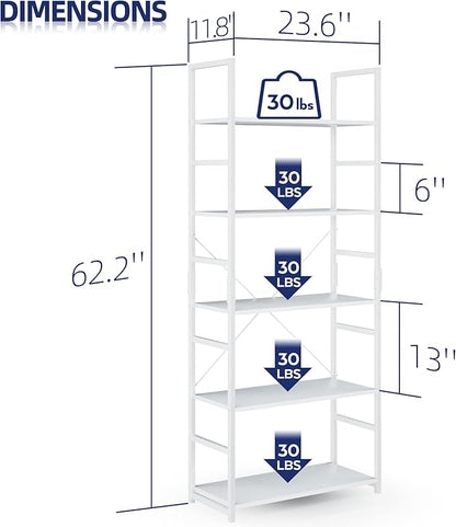 NUMENN 5 Tier Bookshelf, Tall Bookcase Shelf Storage Organizer, Modern Book Shelf for Bedroom, Living Room and Home Office, White