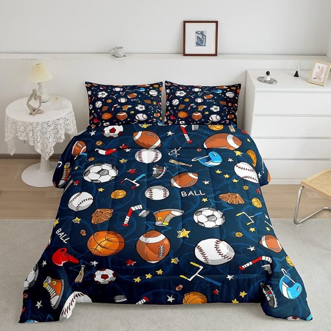 Feelyou Sports Theme Comforter Set 3D Blue Ball Bedding Set Baseball Football Basketball Comforter for Children Kids Boys Girls Microfiber Competitive Games Duvet Set Room Decor Quilt Set Queen Size