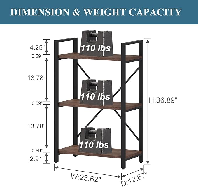 BON AUGURE 3 Tier Industrial Bookshelf, Office Small Open Book Shelf for Small Space, Short Wooden Etagere Bookcase (Rustic Oak)