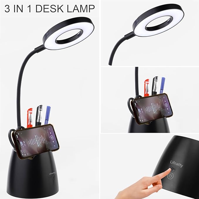 Desk Lamp, Desk Lamps for Home Office, Touchable, Remote Controlled, Dimmable, 3 Color Modes, Gooseneck, Black Table Light for Bedrooms, Led Desk Light, Small Office Lamp, Dorm Room Essentials