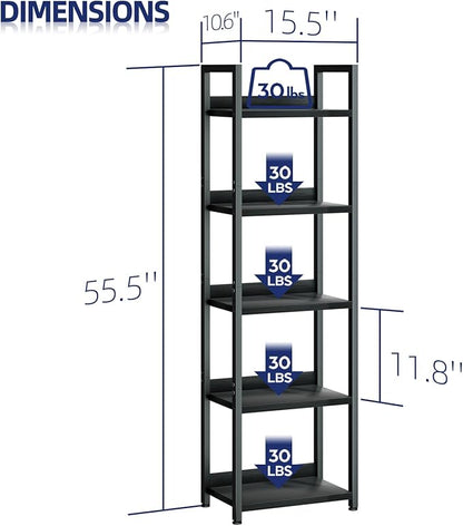 NUMENN Narrow Bookshelf, 5 Tier Bookshelves, Home Office Bookcase Shelf Storage Organizer, Free Standing Storage Shelving Unit for Bedroom, Living Room and Home Office, Black