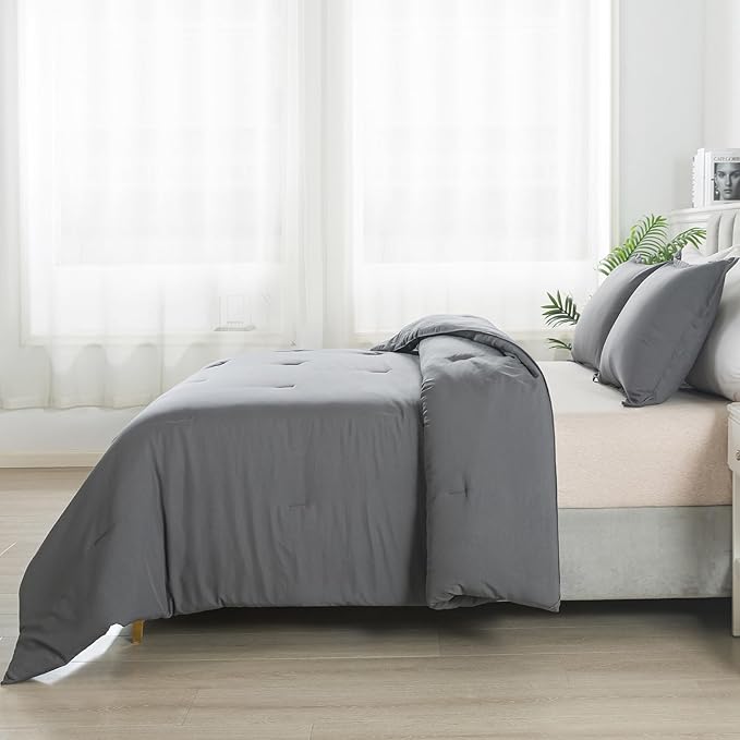 Dark Gray Comforter Set Queen, Solid Grey Down Alternative Bedding Comforter Set, Breathable Fluffy Microfiber Comforter Set (90"x90") for All Seasons with Pillowcase…