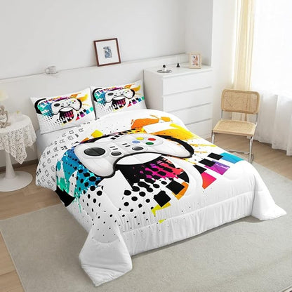 Kids Gaming Comforter Set Queen Gamer Bedding Set, Modern Console Game Controller Duvet Set For Boys Girls Teens, White Gamepad Quilt Set, Tie Dye Colorful Comforter Set Grey White Soft Bedding Set