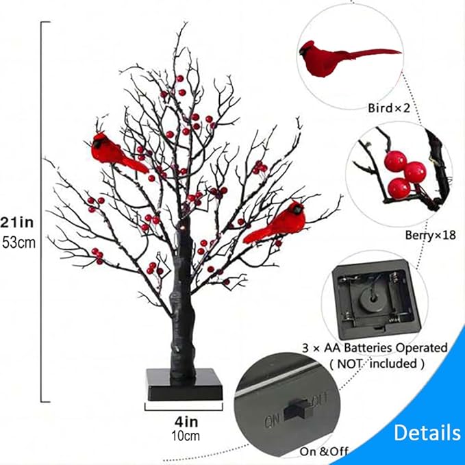 21in Black Birch Tree with 60 Led Lights, Twinkle Tree Lamp with Lighted Branches, Fairy Light Spirit Tree with 2 Red Birds for Room Decor, Easter, Halloween, Thanksgiving, Christmas, New Year, etc.